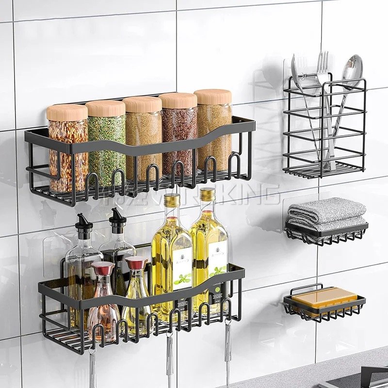رفوف تخزين للحمام و المطبخ من الفولاذ المقاوم للصدأ من البلانتيكس الأسود (خمس قطع)